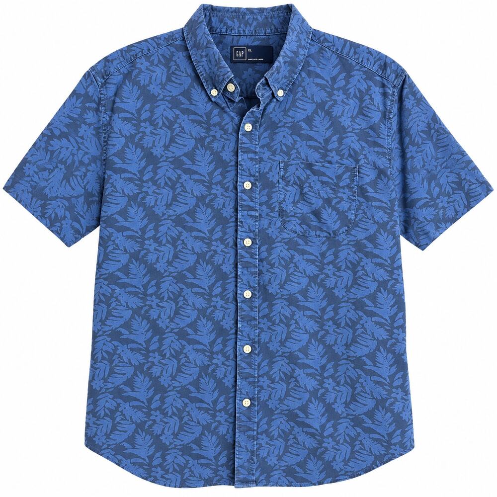 GAP Men’s XL Blue Tropical Leaf Print Button-Down Short Sleeve Camp Shirt